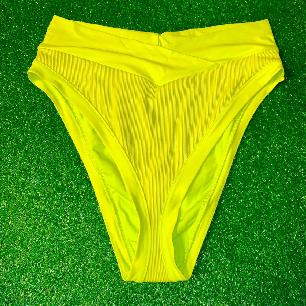 Aerie Ribbed Mix Crossover High Cut Cheeky Bikini Bottom in Neon Lemon 🍋